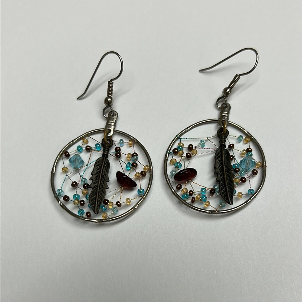 Elegant Silver and Multicolor Beaded Stone and Feather Accent Earrings
